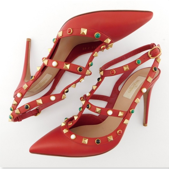 VALENTINO Red Leather Rockstud T-strap Pumps 40 - Picture 4 of 8